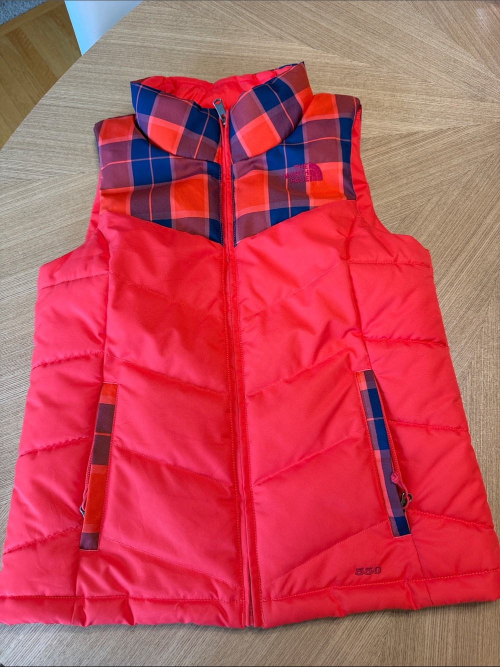 The North Face 550 Red Plaid Puffer Vest
